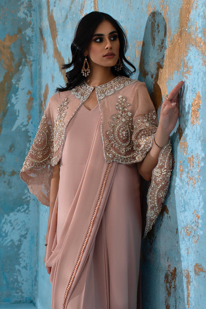 Wardha Saleem | Luxury Pret Fusion Wear | ROSALIE - FORMAL CAPE WITH DRAPE (2 PC) M Blush Pink Net