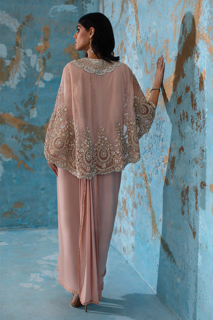 Wardha Saleem | Luxury Pret Fusion Wear | ROSALIE - FORMAL CAPE WITH DRAPE (2 PC) S Blush Pink Net