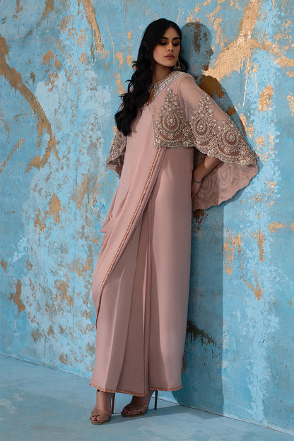 Wardha Saleem | Luxury Pret Fusion Wear | ROSALIE - FORMAL CAPE WITH DRAPE (2 PC) Custom Size Blush Pink Net