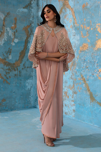 Wardha Saleem | Luxury Pret Fusion Wear | ROSALIE - FORMAL CAPE WITH DRAPE (2 PC) XS Blush Pink Net