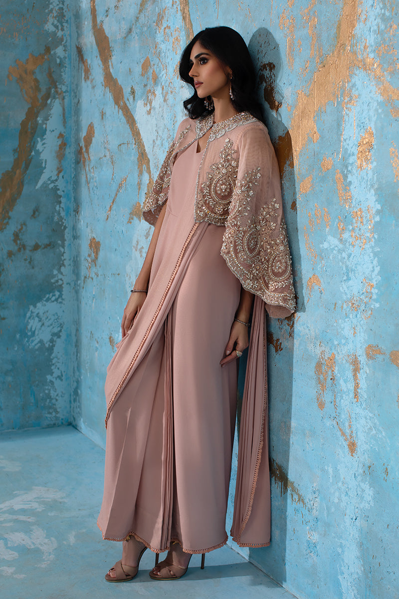 Wardha Saleem | Luxury Pret Fusion Wear | ROSALIE - FORMAL CAPE WITH DRAPE (2 PC) XL Blush Pink Net