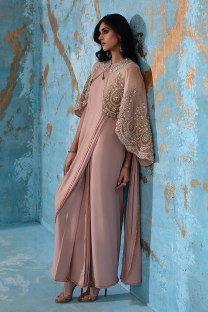 Wardha Saleem | Luxury Pret Fusion Wear | ROSALIE - FORMAL CAPE WITH DRAPE (2 PC) XL Blush Pink Net
