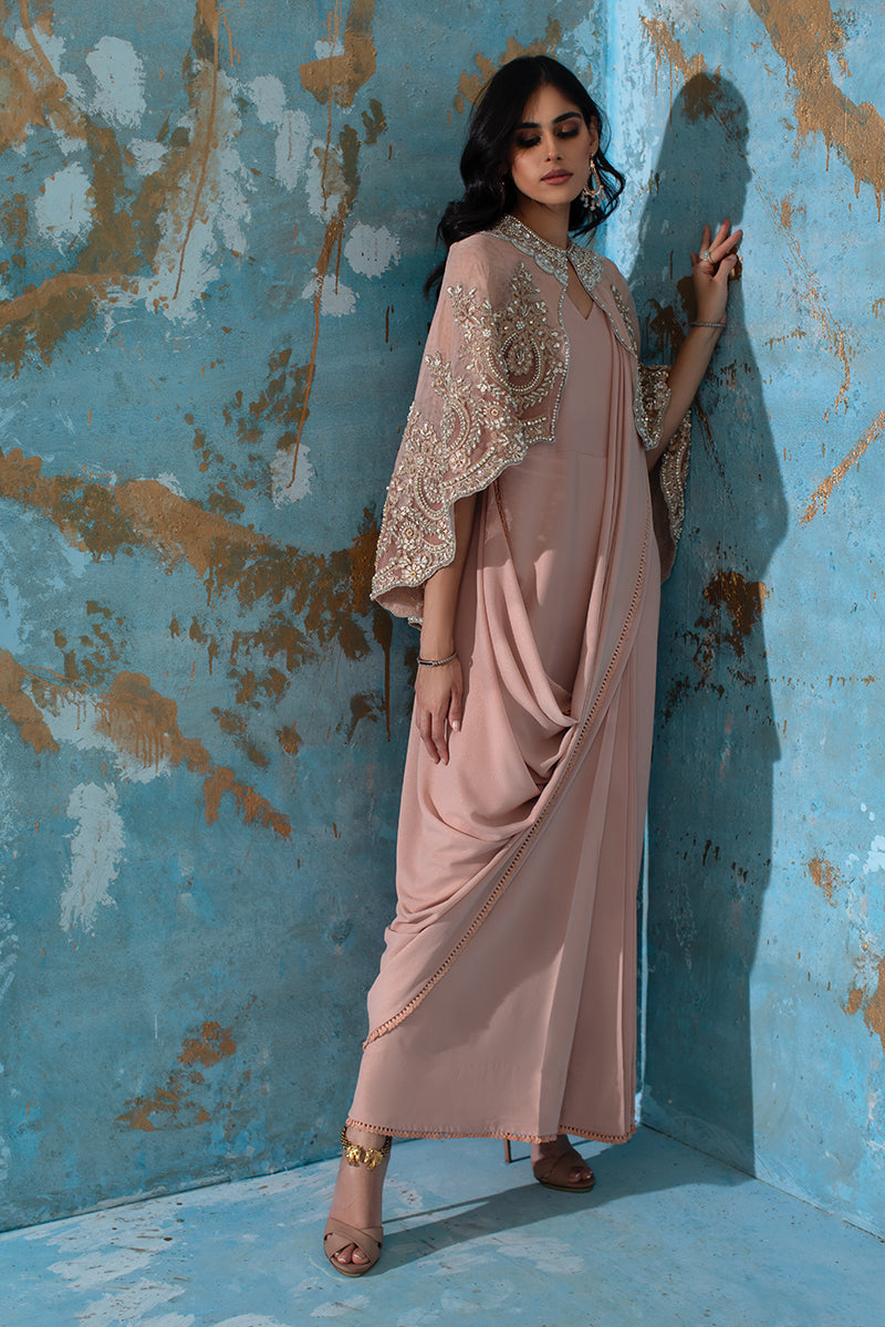 Wardha Saleem | Luxury Pret Fusion Wear | ROSALIE - FORMAL CAPE WITH DRAPE (2 PC) L Blush Pink Net