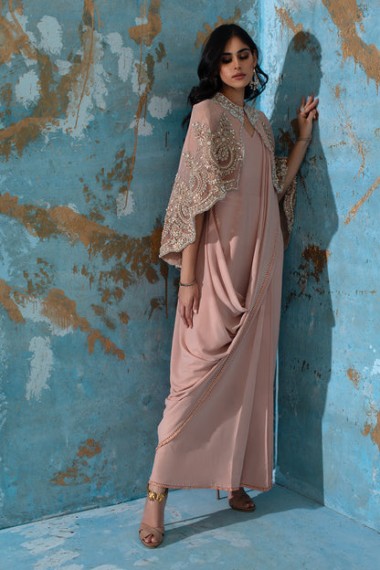 Wardha Saleem | Luxury Pret Fusion Wear | ROSALIE - FORMAL CAPE WITH DRAPE (2 PC) L Blush Pink Net