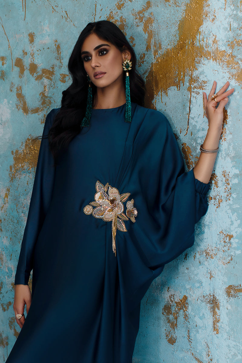 Wardha Saleem | Luxury Pret Fusion Wear | AVA - KAFTAN M Teal Blue Crepe Silk