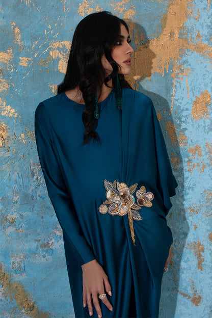 Wardha Saleem | Luxury Pret Fusion Wear | AVA - KAFTAN XL Teal Blue Crepe Silk