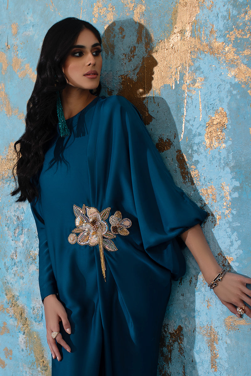 Wardha Saleem | Luxury Pret Fusion Wear | AVA - KAFTAN L Teal Blue Crepe Silk