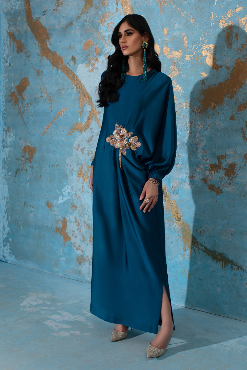 Wardha Saleem | Luxury Pret Fusion Wear | AVA - KAFTAN XS Teal Blue Crepe Silk