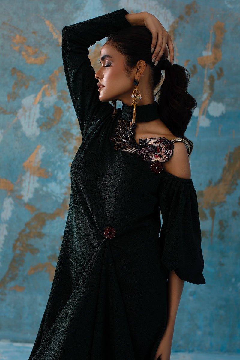 Wardha Saleem | Luxury Pret Fusion Wear | IVY - FORMAL DRAPE XL Bottle Green Shimmer