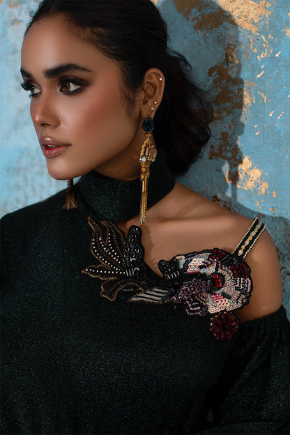 Wardha Saleem | Luxury Pret Fusion Wear | IVY - FORMAL DRAPE L Bottle Green Shimmer