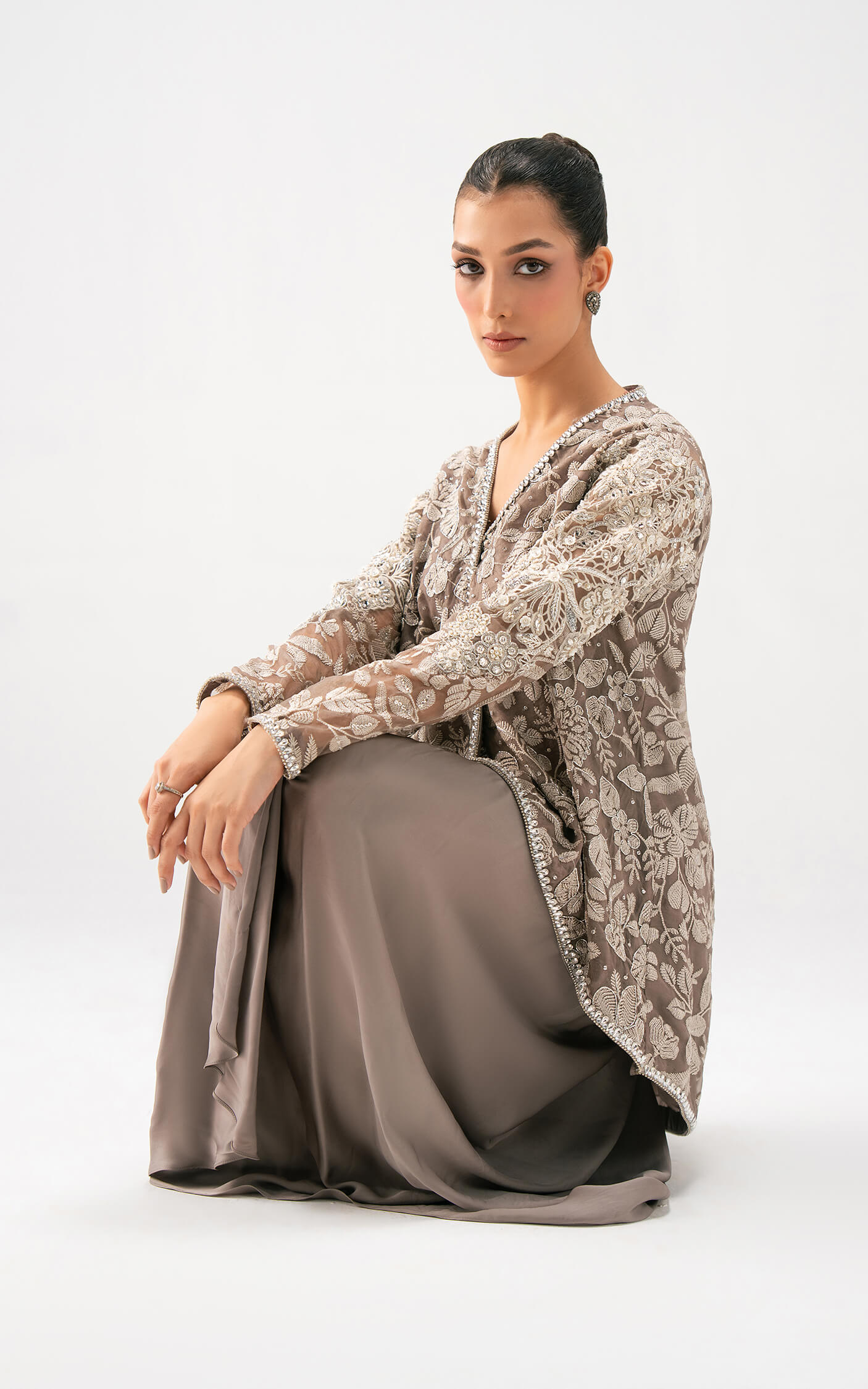 Asifa and Nabeel | Lyle Luxury Formals 25 | Taupe Bloom Drape Set - Pakistani Designer Dress - by Asifa and Nabeel - Type : Ladies Clothes - 100% Original at Saira Sultan