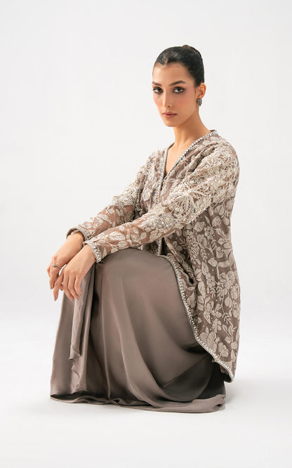 Asifa and Nabeel | Lyle Luxury Formals 25 | Taupe Bloom Drape Set - Pakistani Designer Dress - by Asifa and Nabeel - Type : Ladies Clothes - 100% Original at Saira Sultan