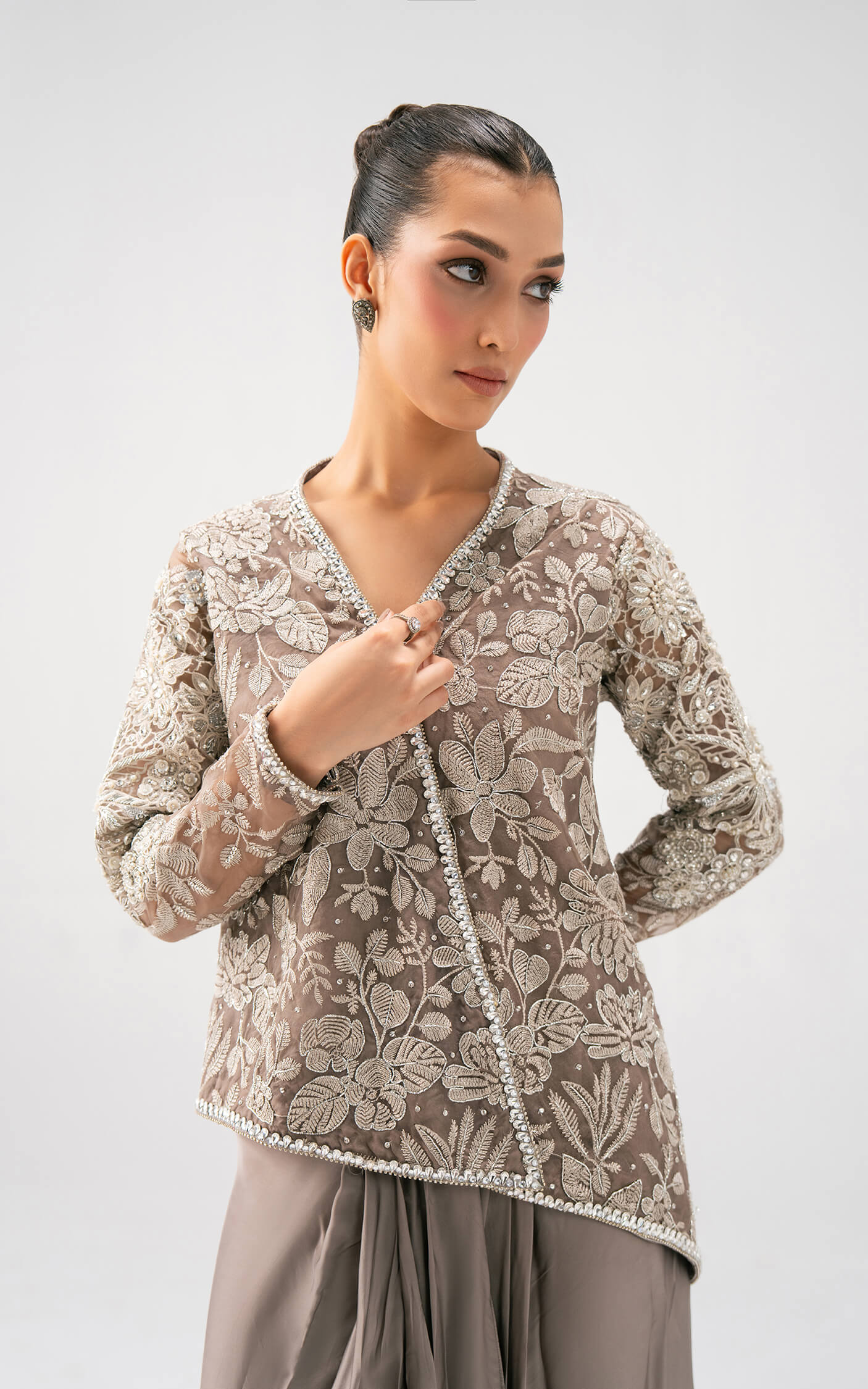 Asifa and Nabeel | Lyle Luxury Formals 25 | Taupe Bloom Drape Set - Pakistani Designer Dress - by Asifa and Nabeel - Type : Ladies Clothes - 100% Original at Saira Sultan