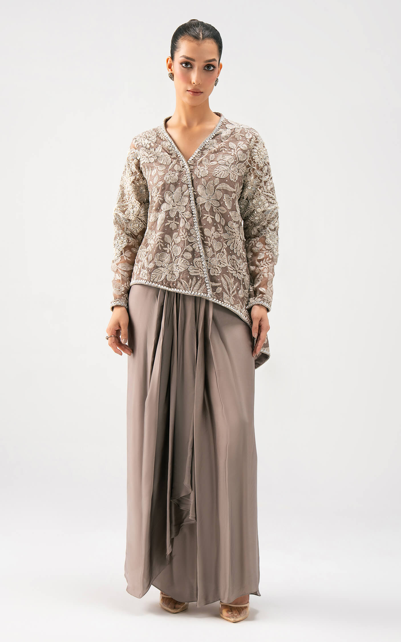 Asifa and Nabeel | Lyle Luxury Formals 25 | Taupe Bloom Drape Set - Pakistani Designer Dress - by Asifa and Nabeel - Type : Ladies Clothes - 100% Original at Saira Sultan