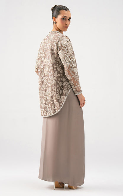 Asifa and Nabeel | Lyle Luxury Formals 25 | Taupe Bloom Drape Set - Pakistani Designer Dress - by Asifa and Nabeel - Type : Ladies Clothes - 100% Original at Saira Sultan