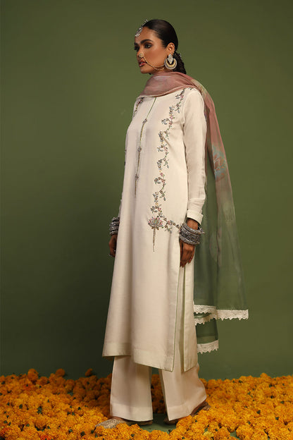 Wardha Saleem | Luxury Pret Traditional Wear | KANWAL - SHIRT WITH PANTS (2 PC) L Off White Raw Silk