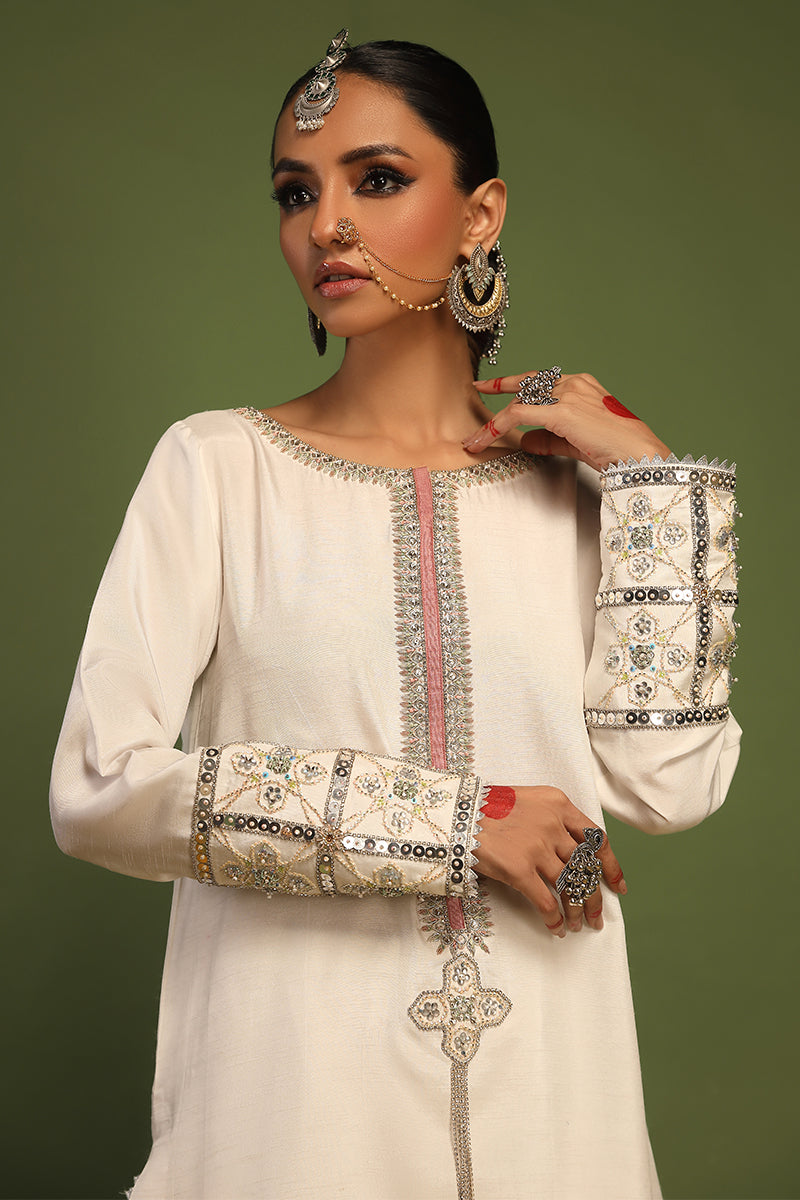 Wardha Saleem | Luxury Pret Traditional Wear | AKS - SHIRT WITH PANTS (2 PC) L Off White Raw Silk