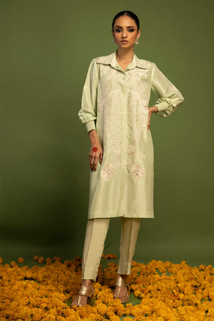 Wardha Saleem | Luxury Pret Traditional Wear | QALB - PURE SILK (2 PC) L Pistachio Green Raw Silk