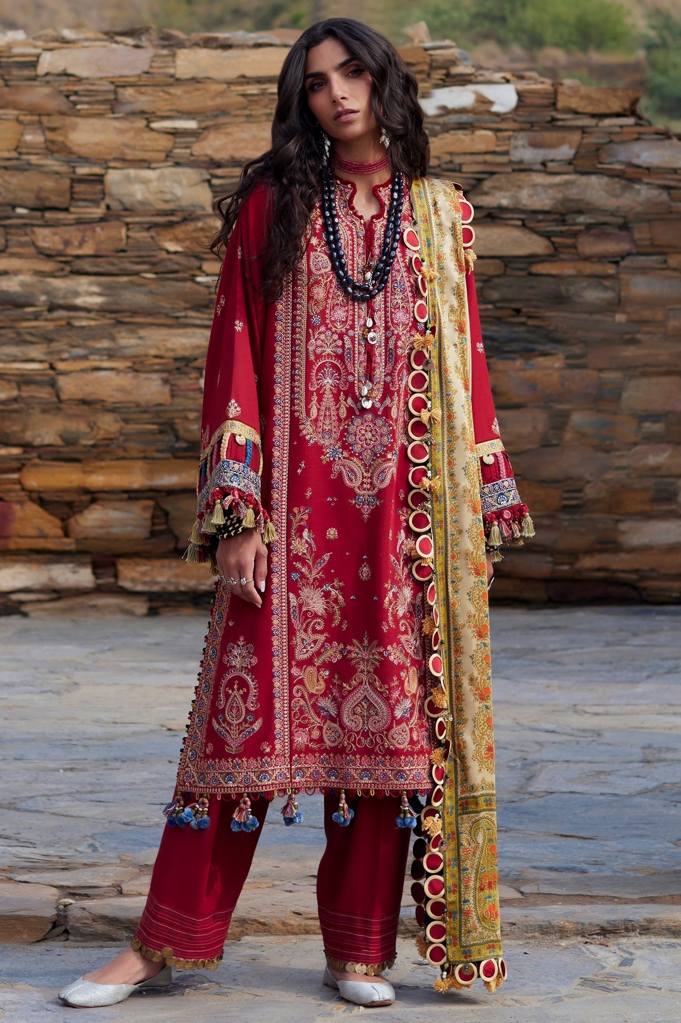 Elan | Winter Collection 24 | ELNAZ (EW24-07) XS Red Khaddar
