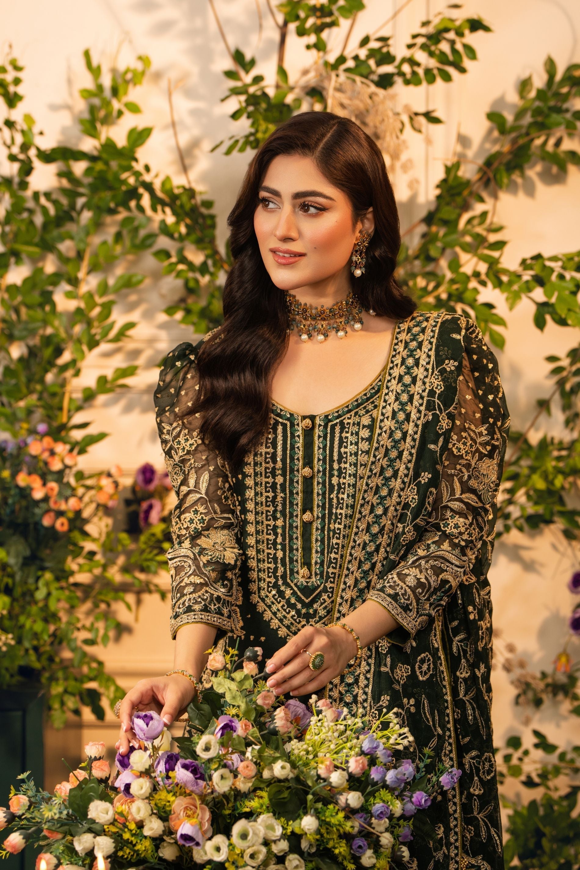 Hemstitch | Festive Edition 24 | Heer L Bottle Green Chiffon