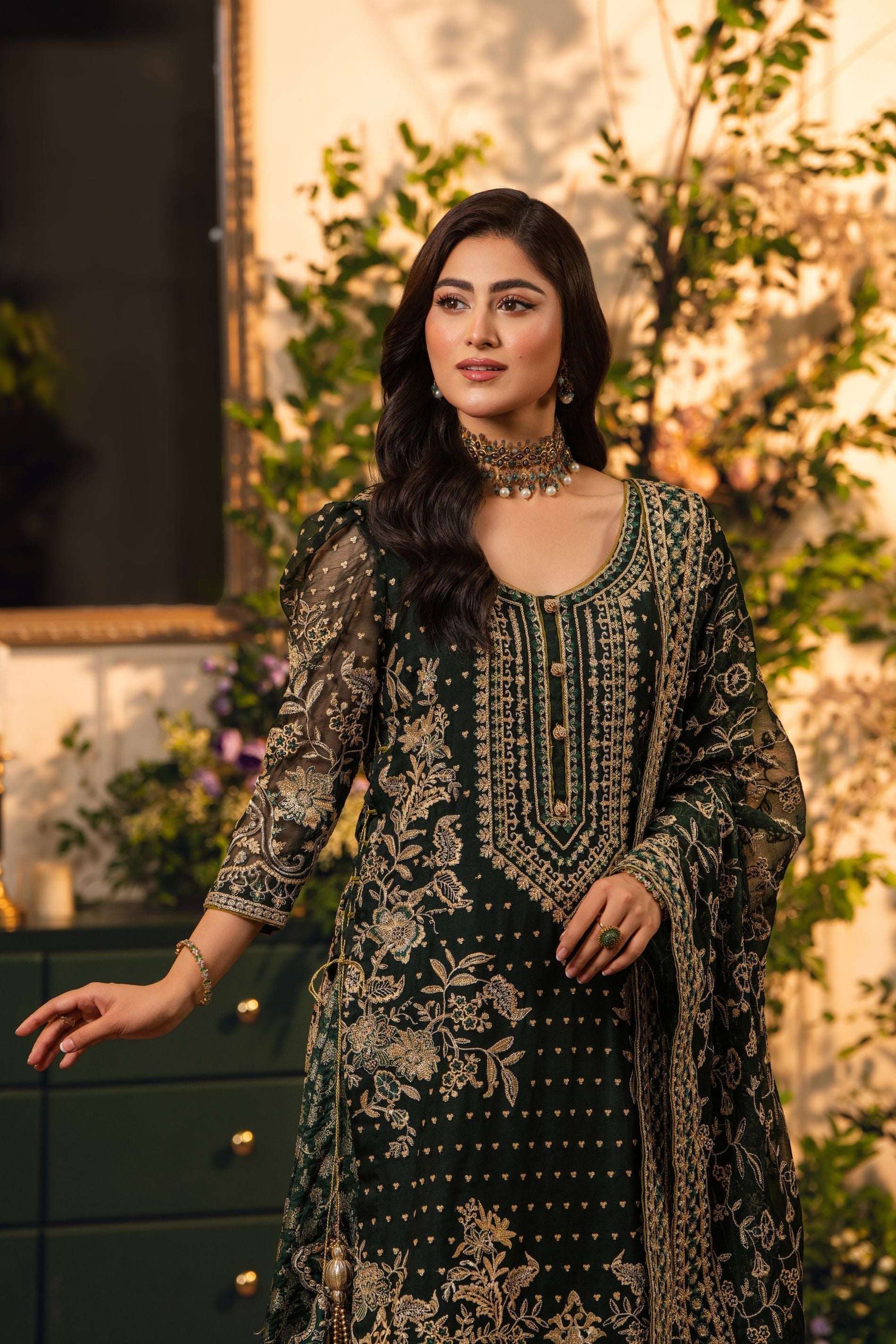 Hemstitch | Festive Edition 24 | Heer M Bottle Green Chiffon