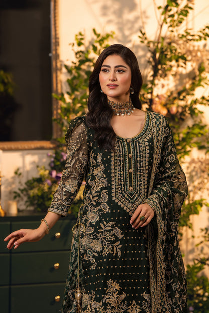 Hemstitch | Festive Edition 24 | Heer M Bottle Green Chiffon
