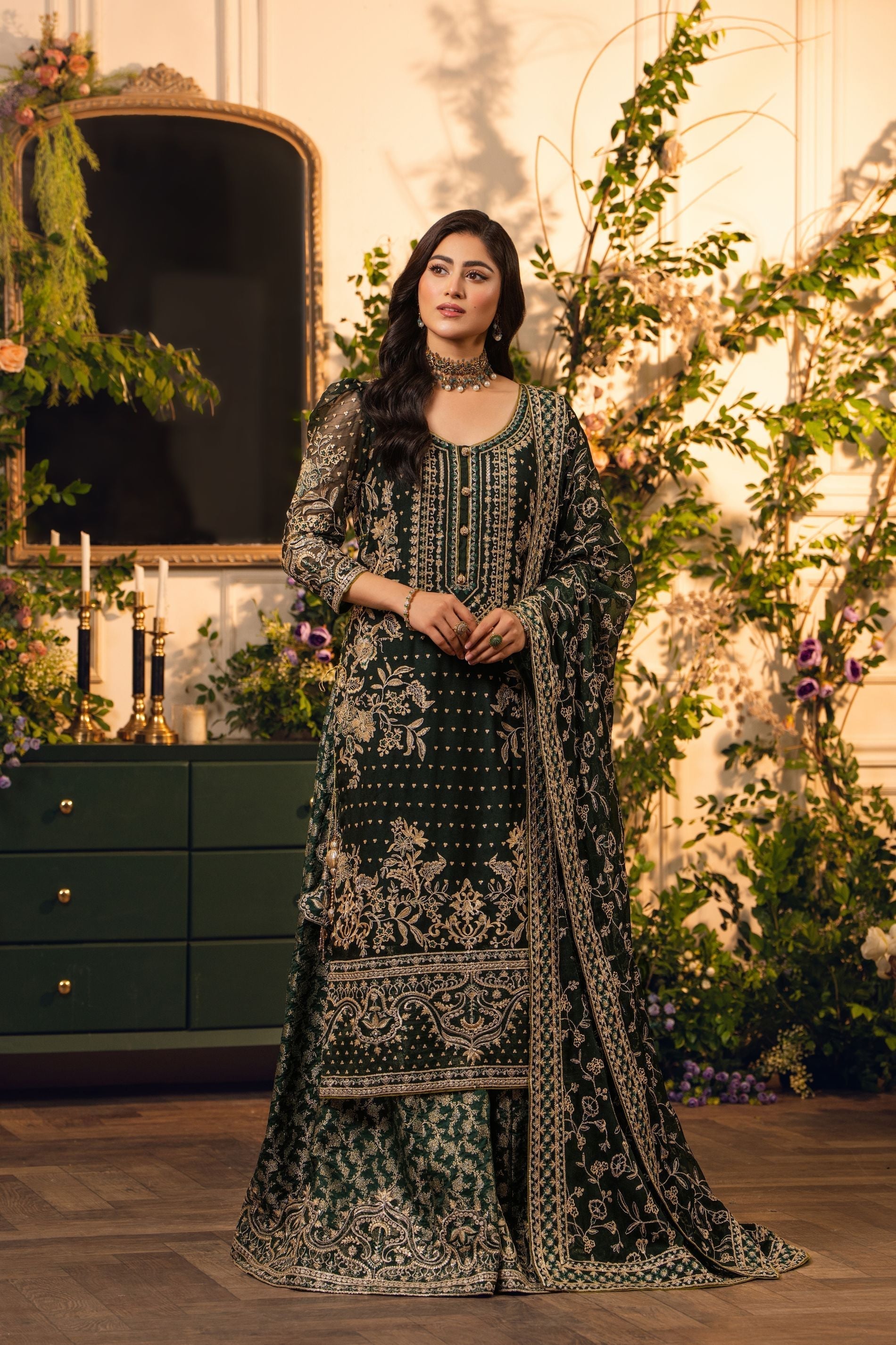 Hemstitch | Festive Edition 24 | Heer XS Bottle Green Chiffon