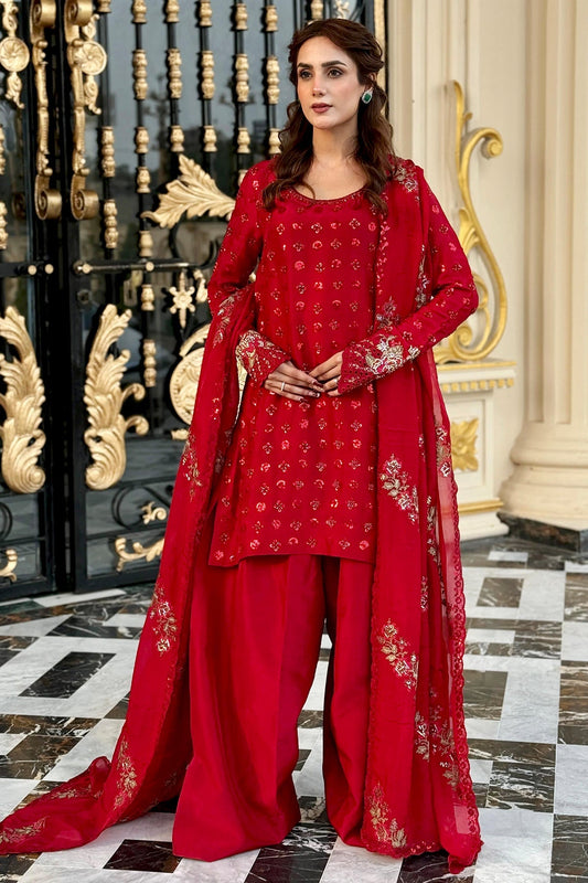 Mina Kashif | Loona Lawn 25 | Ruby XS Red Pure Tussar Silk
