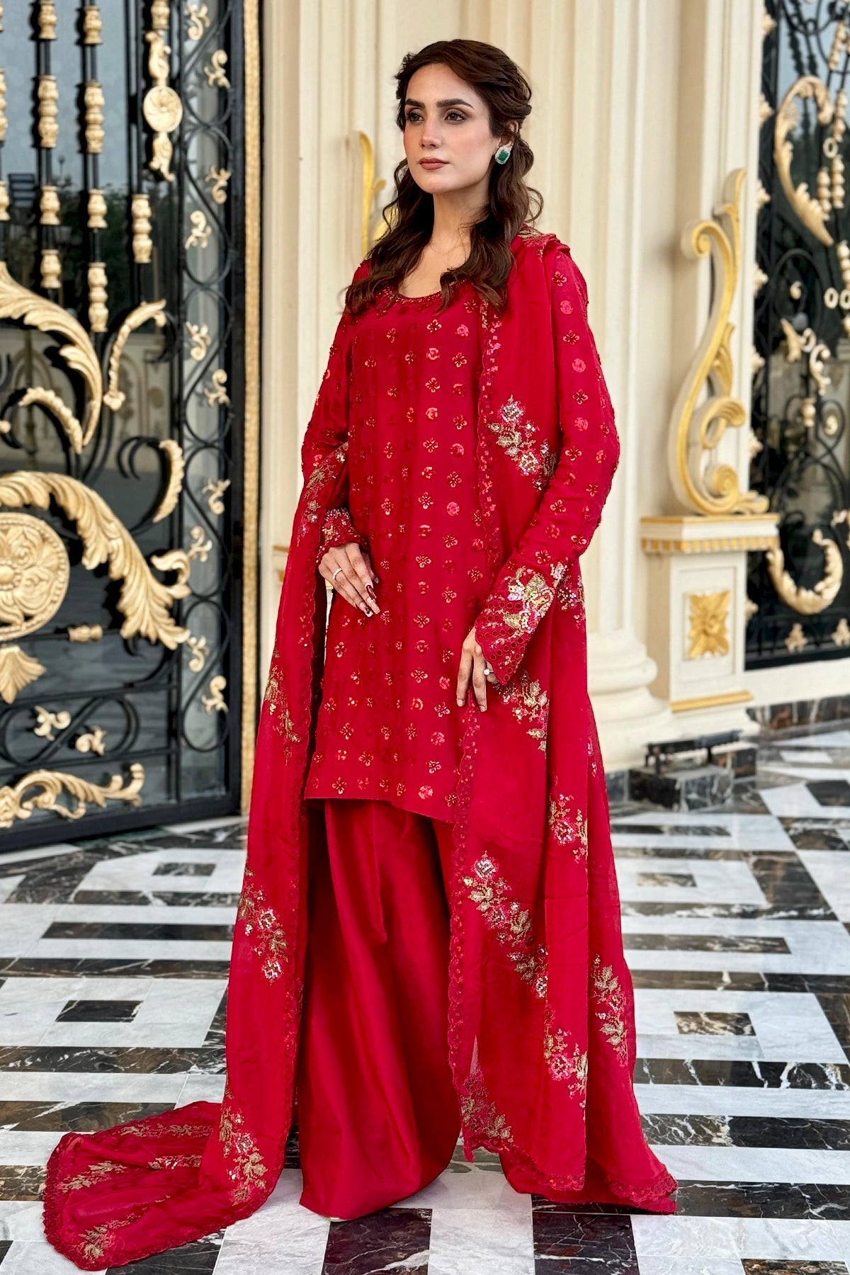 Mina Kashif | Loona Lawn 25 | Ruby L Red Pure Tussar Silk