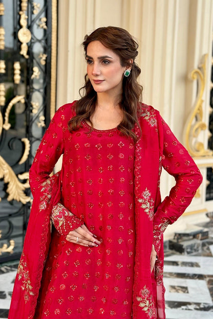 Mina Kashif | Loona Lawn 25 | Ruby M Red Pure Tussar Silk