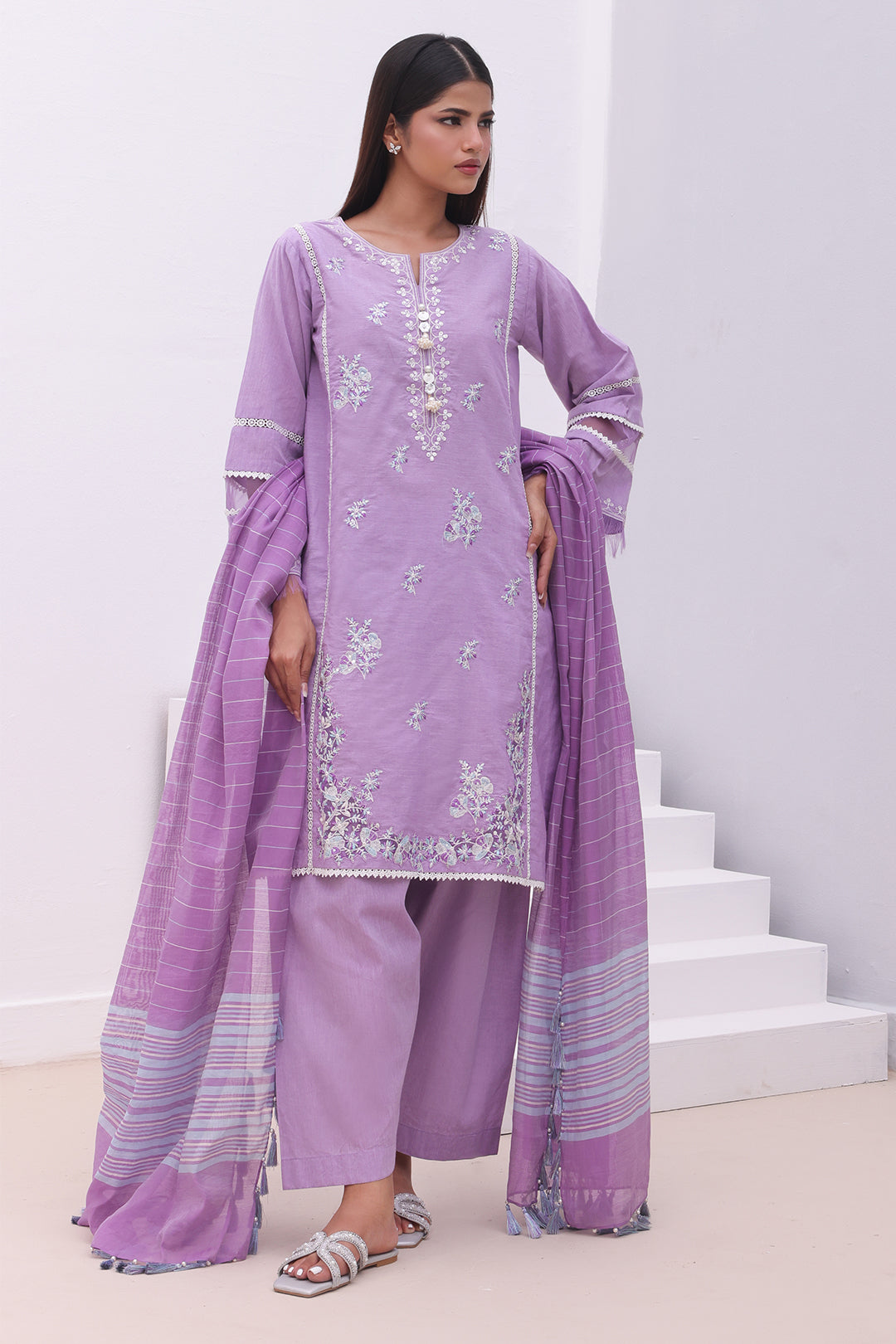 Zellbury | Unstitched 3 Piece Chambray | Embroidered Shirt Shalwar Dupatta - 0145