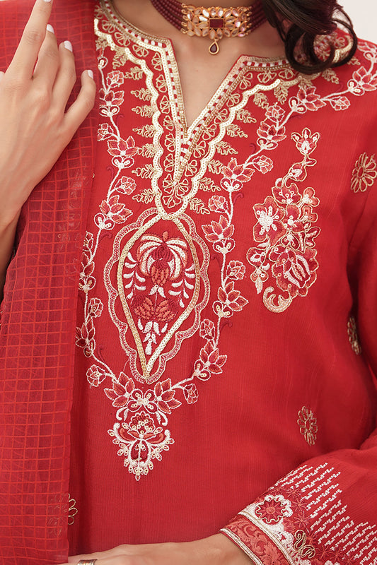 Zellbury | Unstitched 3 Piece Raw Silk | Embroidered Shirt Shalwar Dupatta - 0358