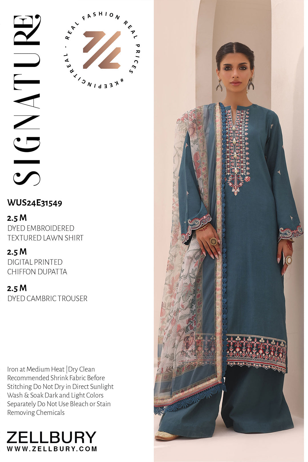 Zellbury | Unstitched 3 Piece Lawn | Embroidered Shirt Shalwar Dupatta - 1549