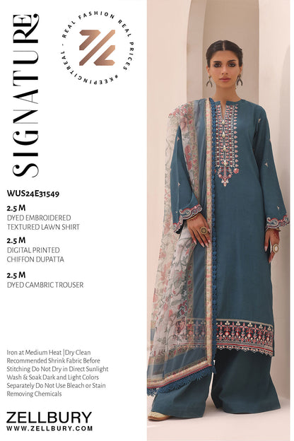 Zellbury | Unstitched 3 Piece Lawn | Embroidered Shirt Shalwar Dupatta - 1549