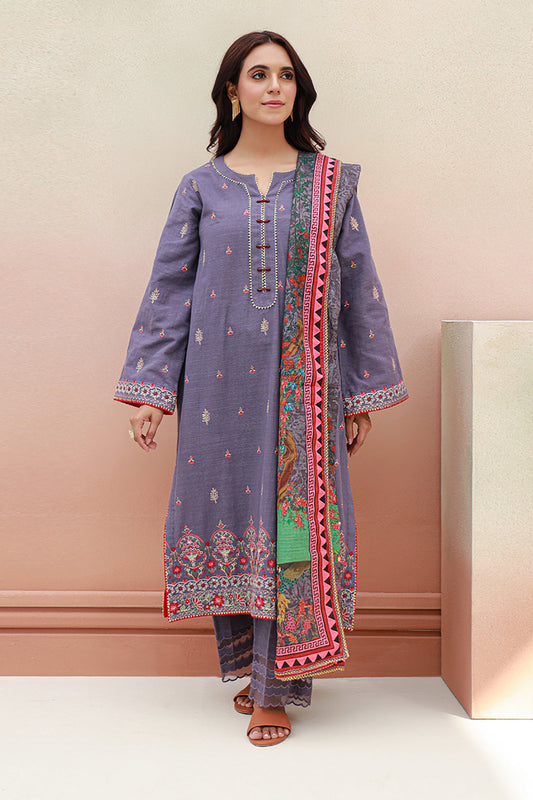 Zellbury | Unstitched 3 Piece Khaddar | Embroidered Shirt Shalwar Dupatta - 0846