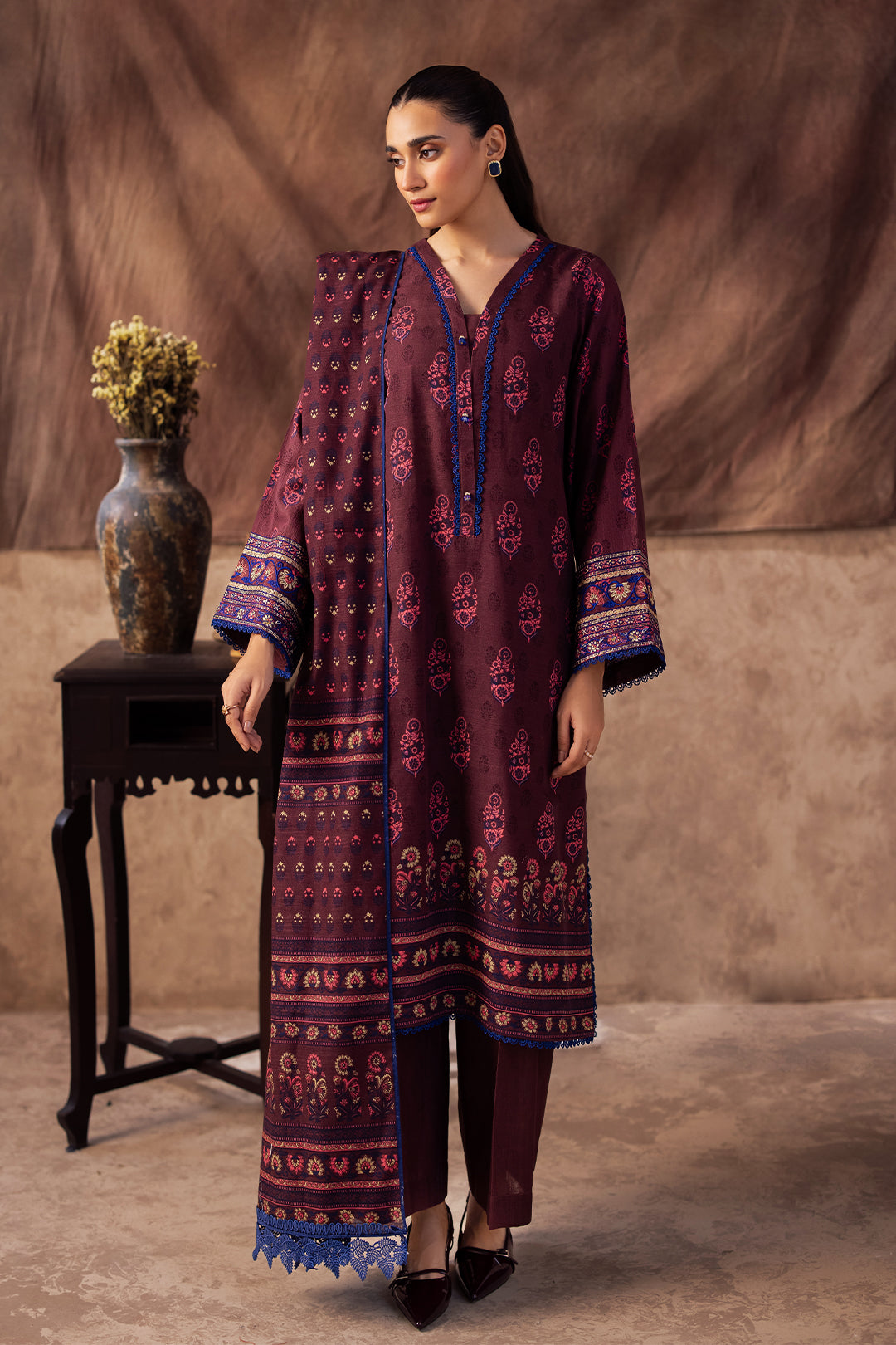 Zellbury | Unstitched 2 Piece Khaddar | Embroidered Shirt Dupatta - 0263
