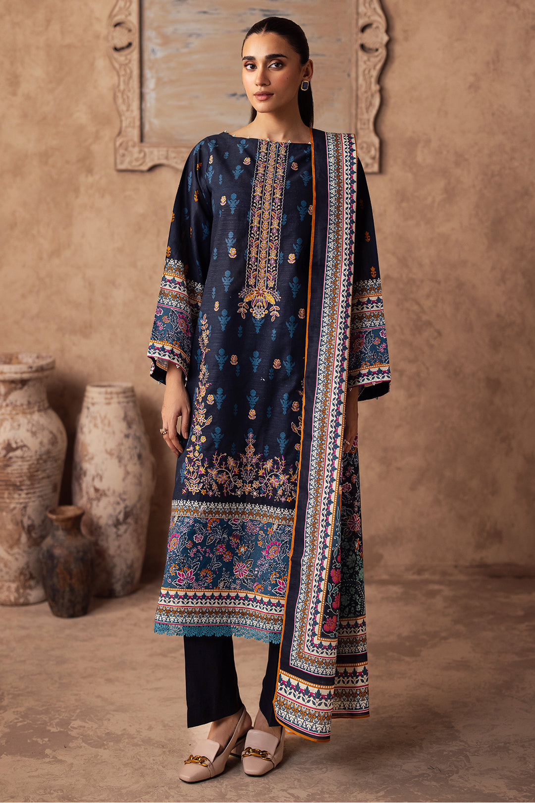 Zellbury | Unstitched 3 Piece Khaddar | Embroidered Shirt Shalwar Dupatta - 0225