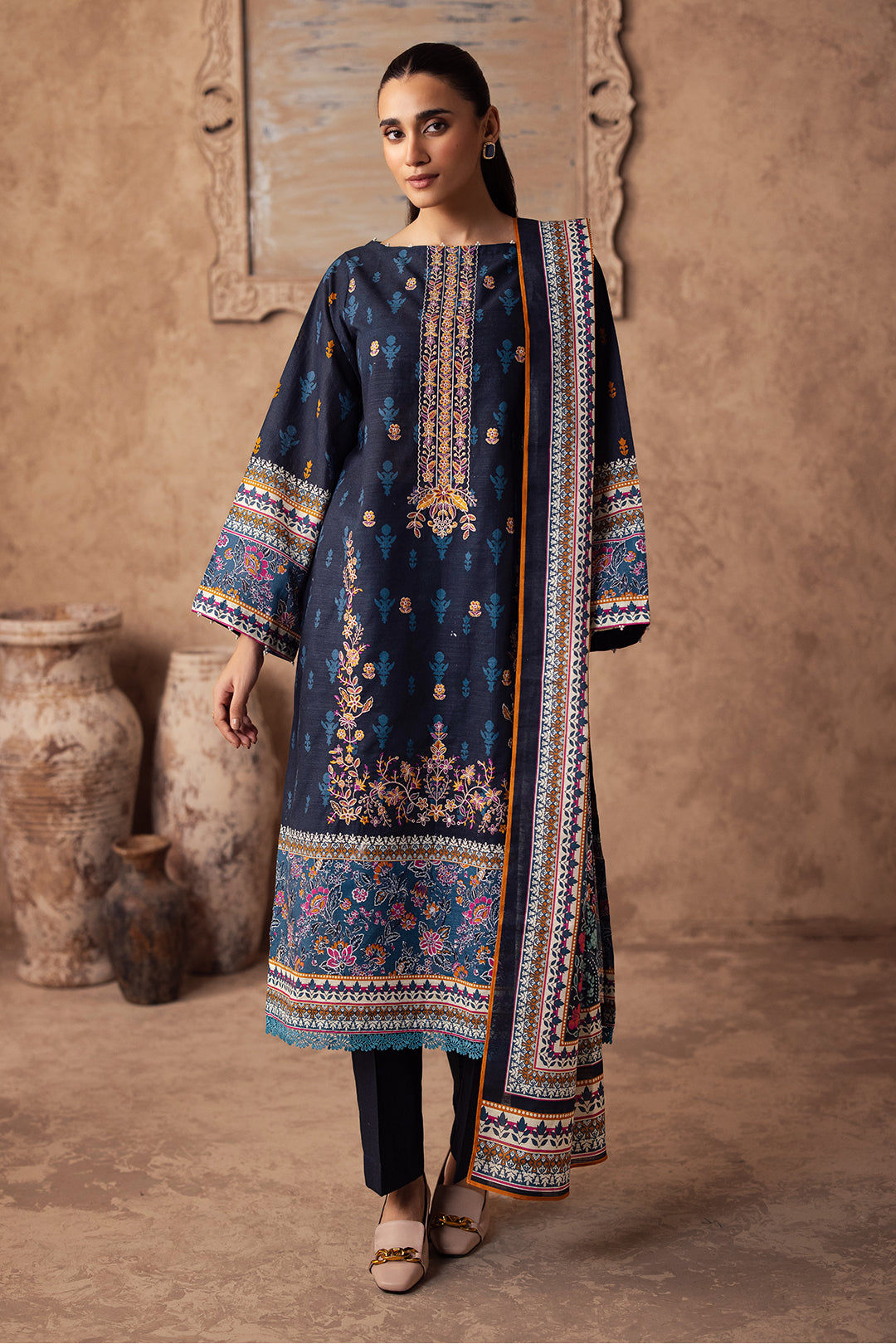 Zellbury | Unstitched 3 Piece Khaddar | Embroidered Shirt Shalwar Dupatta - 0225