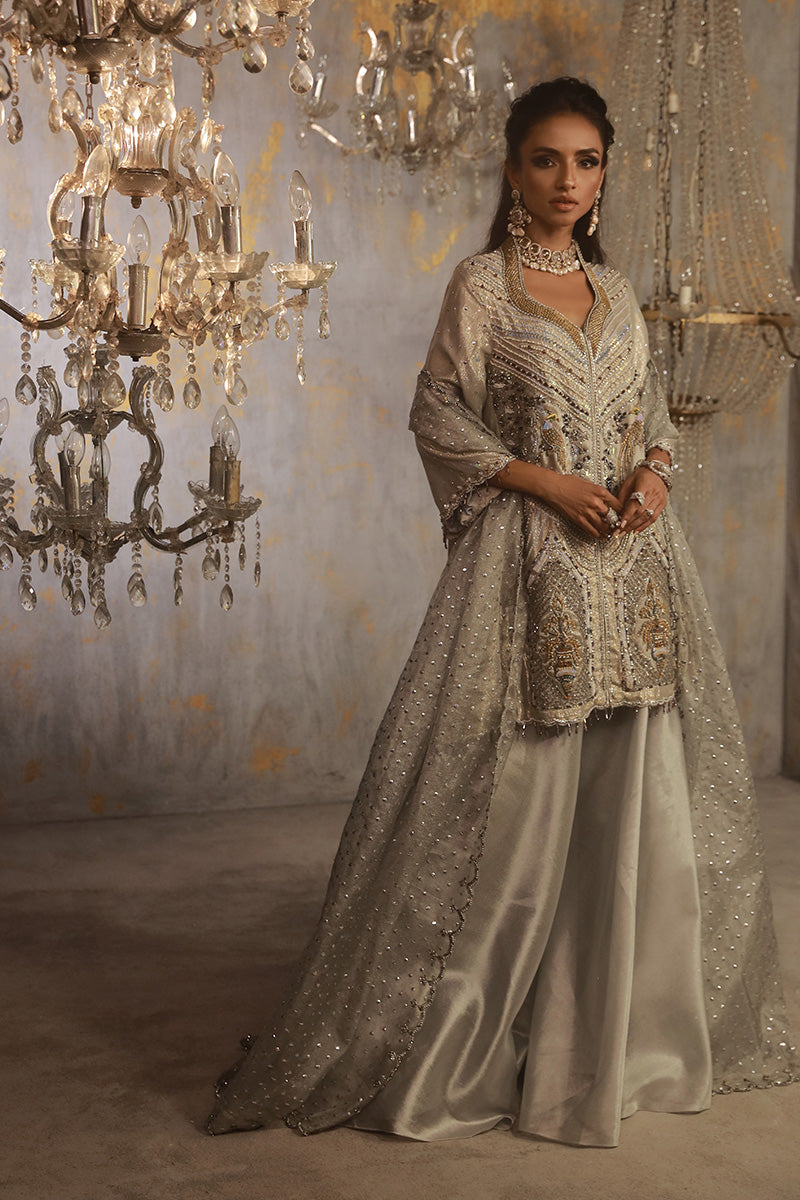 Wardha Saleem | Layla Wedding Formals | Layla-10 XS Silver Shimmer Chiffon