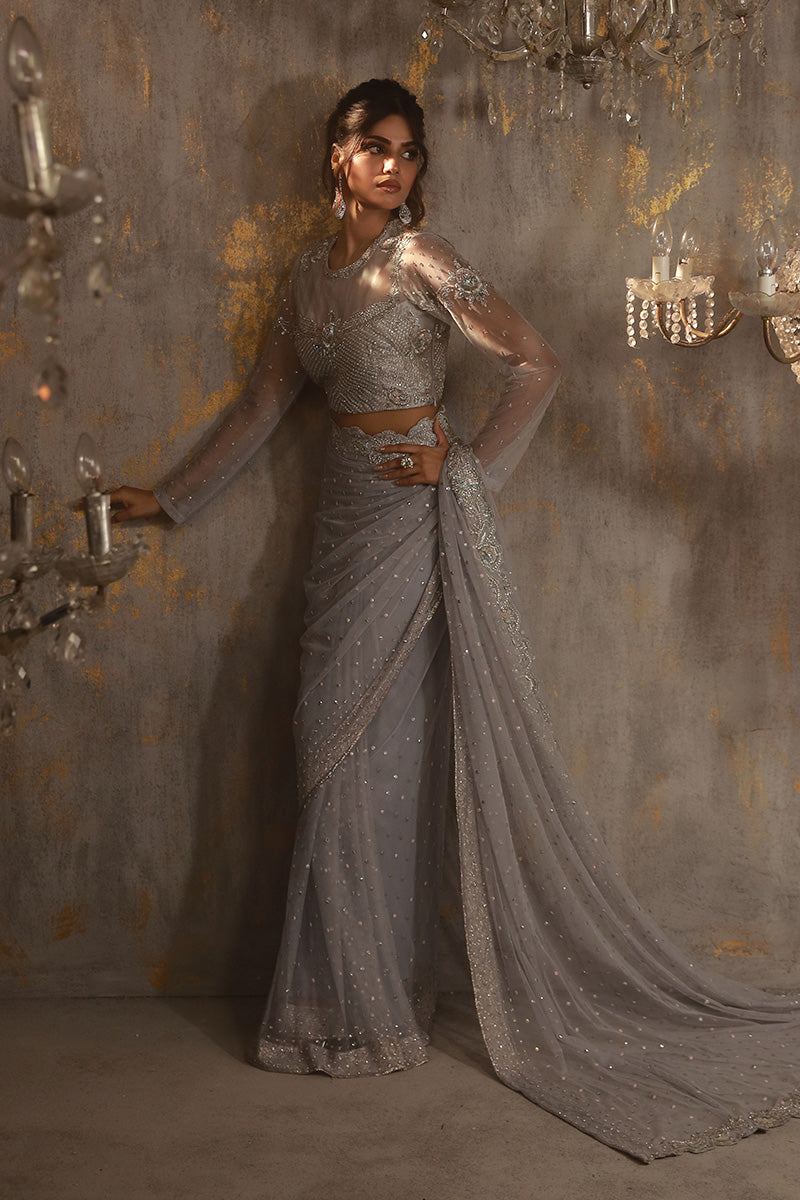 Wardha Saleem | Layla Wedding Formals | Layla-03 XS Cloud Gray Lava Silk