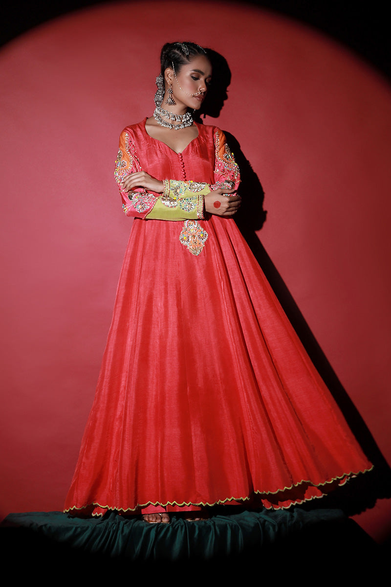 Wardha Saleem | Meeram Festive Formals | Aatish XL Coral Pink Korean Raw Silk