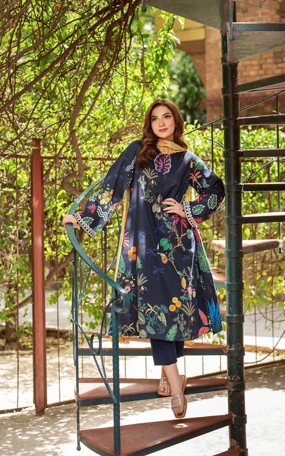 Asifa and Nabeel | Yakin Summer 25 | Twilight in Bloom-(YKL25-06) L Navy Blue Lawn