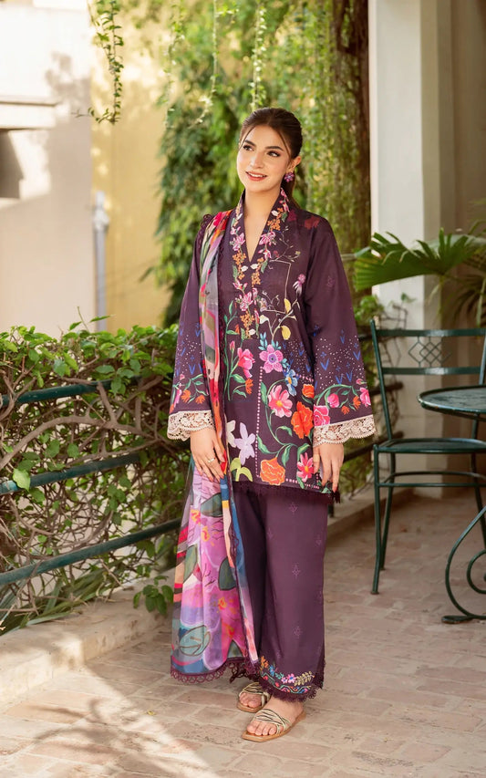 Asifa and Nabeel | Yakin Summer 25 | Whimsical Flora-(YKL25-12) XS Burgundy Lawn