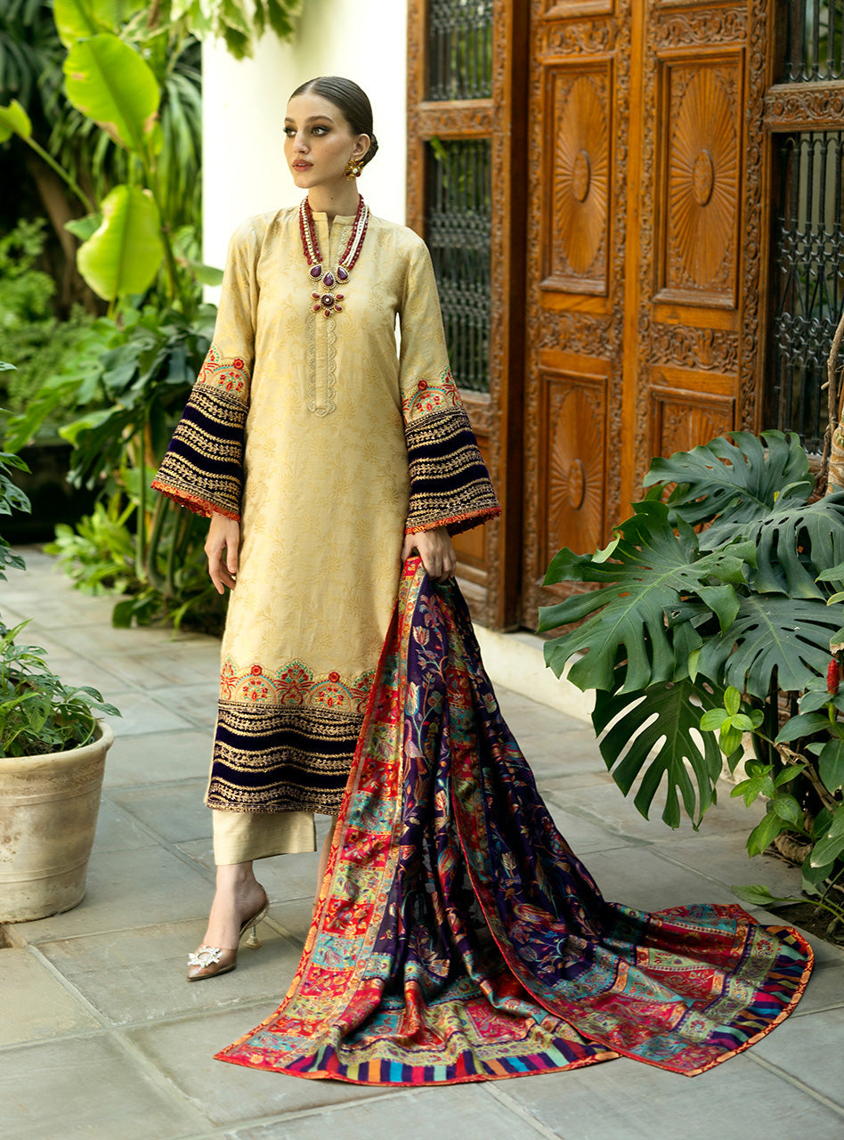 Zainab Chottani | Makhmal Luxe Pret | Zarrin XS Beige Self Jamawar