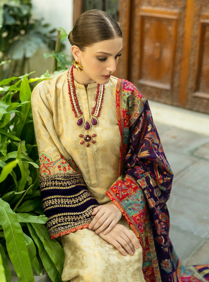 Zainab Chottani | Makhmal Luxe Pret | Zarrin M Beige Self Jamawar