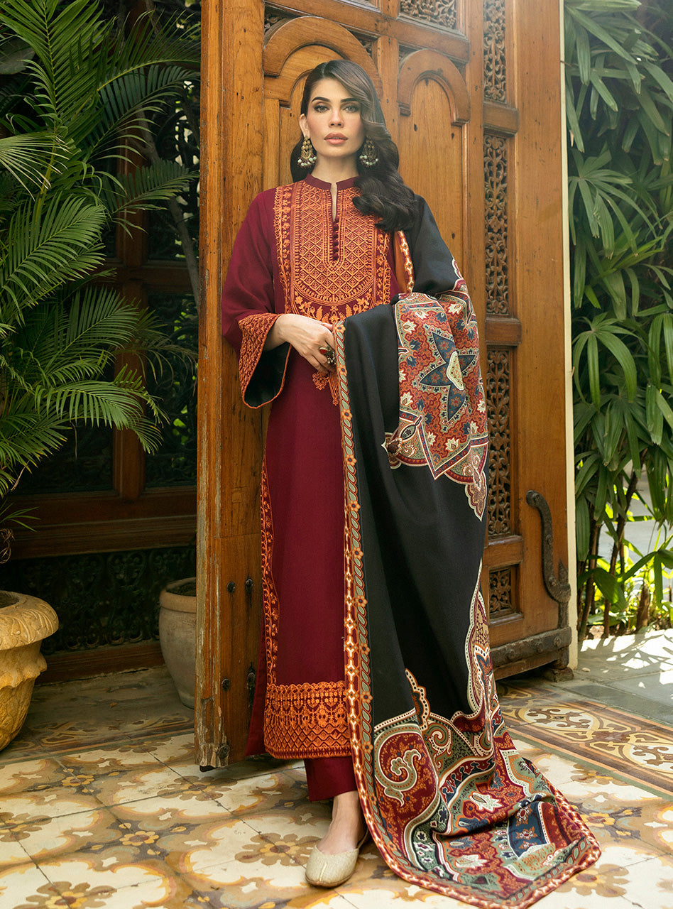 Zainab Chottani | Winter Shawls 24 | Sila XS Maroon Herringbone