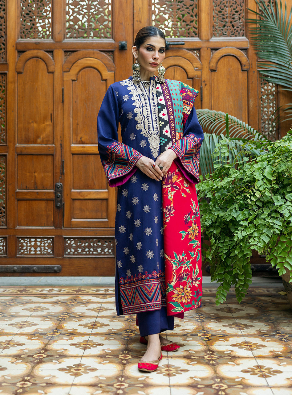 Zainab Chottani | Winter Shawls 24 |Maya XS Navy Herringbone