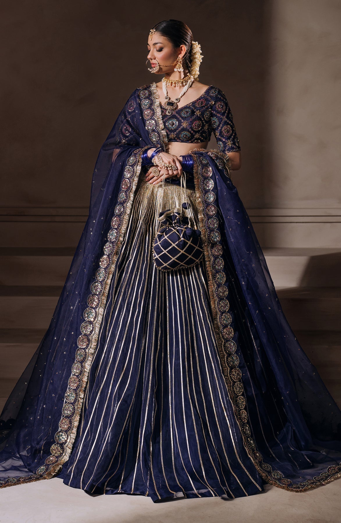 Zevk | Malika Jaan Bridals | BIBBO JAAN Custom Size Dark Blue Tusel Silk