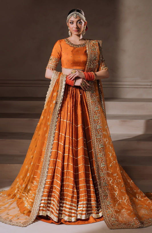 Zevk | Malika Jaan Bridals | AALAM ZAIB XS Orange Tusel Silk
