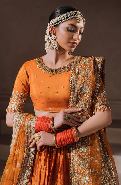 Zevk | Malika Jaan Bridals | AALAM ZAIB M Orange Tusel Silk